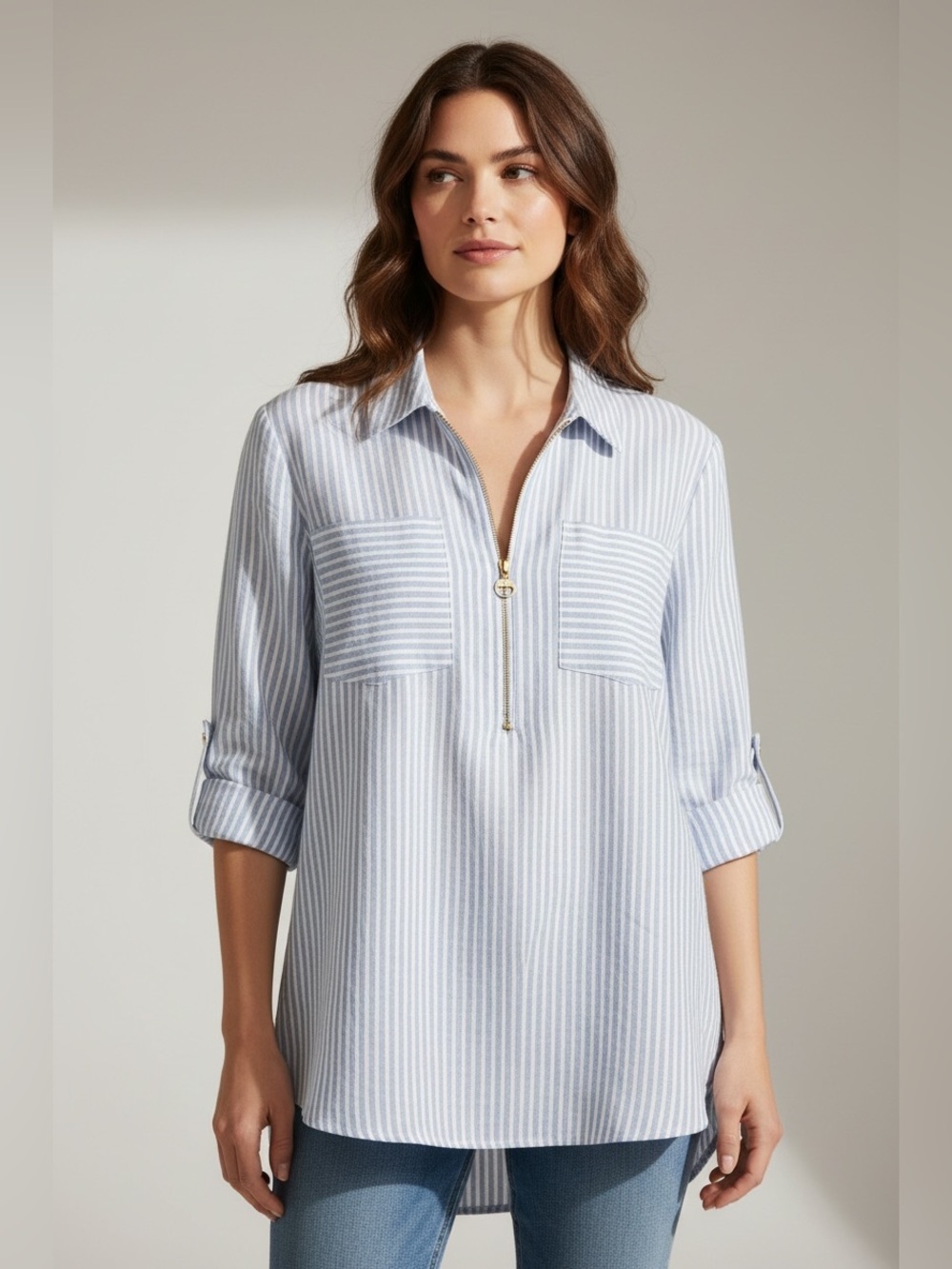 Michael Kors Women’s Striped Half Zip Blue White Top Size XL NWT